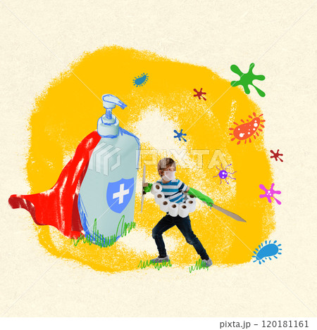 Child dressed as hero with sanitizer and toilet paper, fighting against viruses. Contemporary art collage. 120181161
