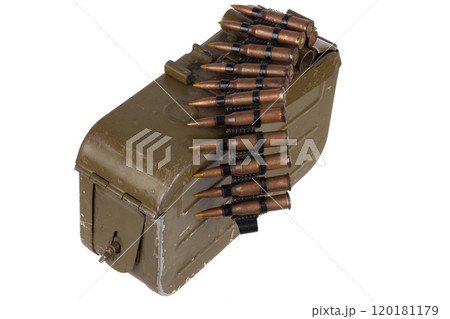 Ammo box with ammunition belt and 7.62 mm cartridges for kalashnikov PK or PKM machine gun isolated on white. Ammo box with ammunition belt and 7.62 mm cartridges for kalashnikov PK or PKM machine gun isolated on white. 120181179