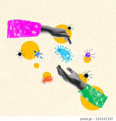 Hands reaching towards colorful virus icon, interaction with germs and importance of hygiene. Contemporary art collage. Hands reaching towards colorful virus icon, interaction with germs and importance of hygiene. Contemporary art collage. 120181197