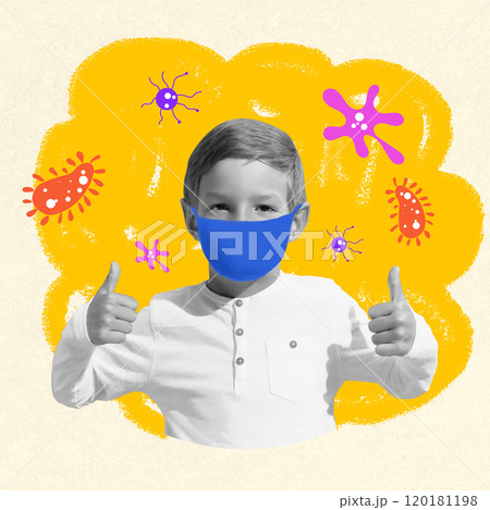 Young boy wearing protective mask, giving thumbs up, surrounded by abstract virus icons. Contemporary art collage. 120181198
