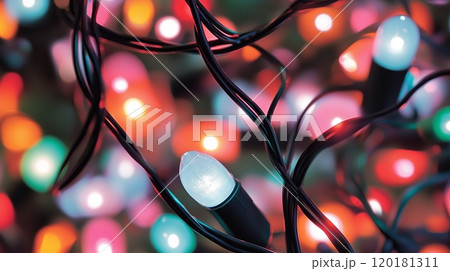 A string of colorful lights glows brightly in the dark, creating a festive and cheerful atmosphere 120181311