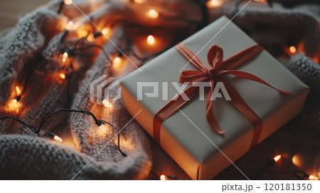 A white gift box with an orange ribbon sits on a soft blanket surrounded by warm string lights 120181350