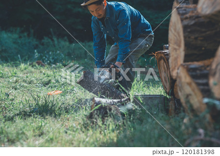 チェーンソーで薪づくり 120181398