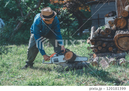 チェーンソーで薪づくり 120181399