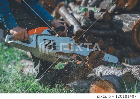 チェーンソーで薪づくり 120181407