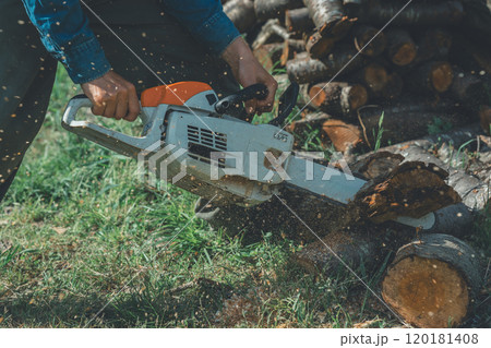 チェーンソーで薪づくり 120181408