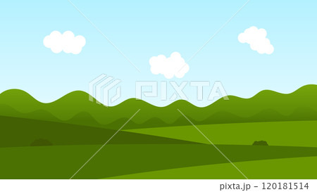 green nature landscape cartoon background. field and white cloud on blue sky background 120181514