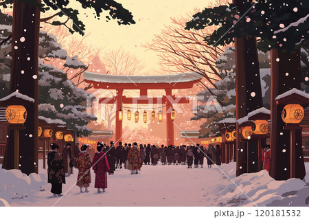 家族での初詣｜日本の伝統を感じる穏やかな新年イラスト 120181532