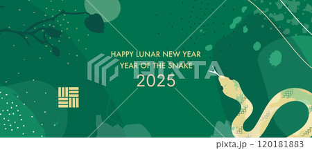 Happy Lunar New Year 2025 - Year of the Snake celebration banner with green abstract background Happy Lunar New Year 2025 - Year of the Snake celebration banner with green abstract background 120181883