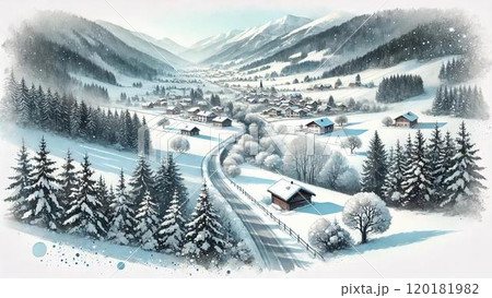 日本の冬景色を描いた水彩画風のイラスト 120181982