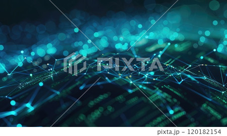 Futuristic cybersecurity network with blue and green digital nodes. Cybersecurity map Futuristic cybersecurity network with blue and green digital nodes. Cybersecurity map 120182154