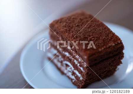 A delicious slice of rich chocolate cake elegantly presented on a white plate 120182189