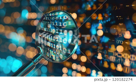 Binary code under a magnifying glass symbolizing ethical digital practices. Digital ethics. Copyspace 120182274