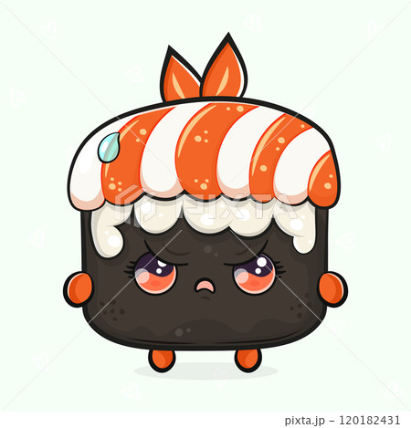 Cute angry Sushi character. Vector hand drawn cartoon kawaii character illustration icon. Isolated on light green background. Sad Sushi character concept 120182431