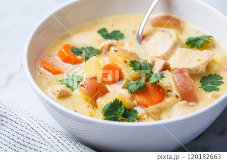 Chicken breast stew with potatoes and carrots in white bowl. Comfort food concept. 120182663