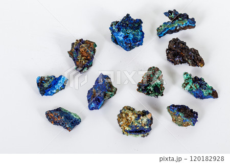 Macro mineral stone Malachite and Azurite against white background 120182928