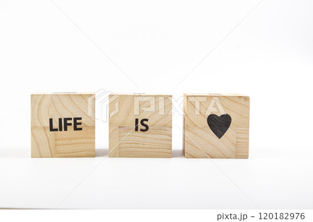 Wooden cubes with the inscription life is love on a white background 120182976