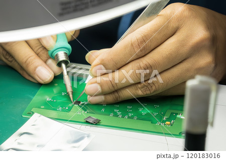 Close up scene the soldering operation by skill operator. Close up scene the soldering operation by skill operator. 120183016