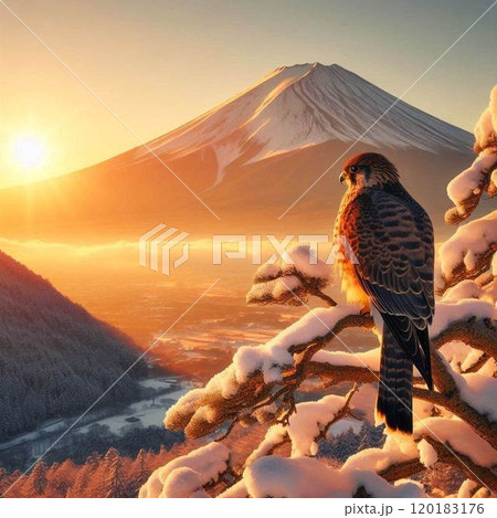 富士山と日の出と鷹 120183176