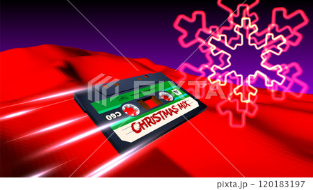 Christmas holiday mix cassette flying with neon snowflake in 80s synthwave or retrowave style 120183197