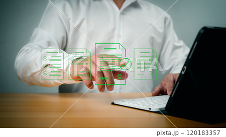 Document management man signs an electronic document on digital document by virtual notebook screen, E-document management Paperless workplace, E-signing, Electronic signature. 120183357