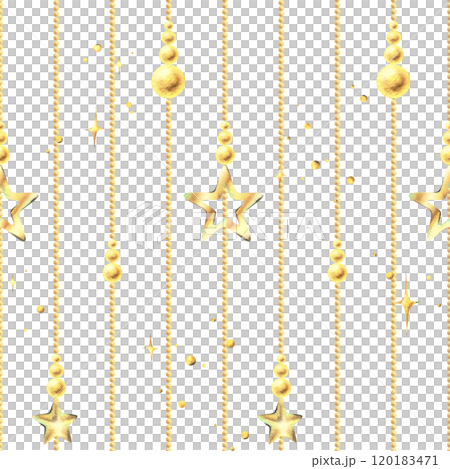 Beads gold with hanging stars vertical stripes with twinkling stars. Christmas, New Year, winter watercolor illustration hand drawn. Seamless simple geometric pattern on white background. Beads gold with hanging stars vertical stripes with twinkling stars. Christmas, New Year, winter watercolor illustration hand drawn. Seamless simple geometric pattern on white background. 120183471