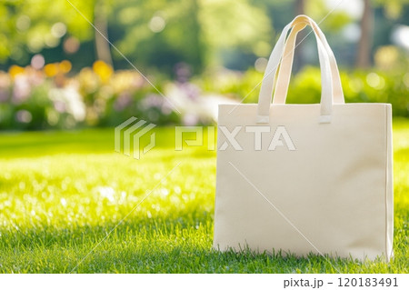This white canvas bag is placed on green grass in a park filled with colorful flowers and sunlight. 120183491
