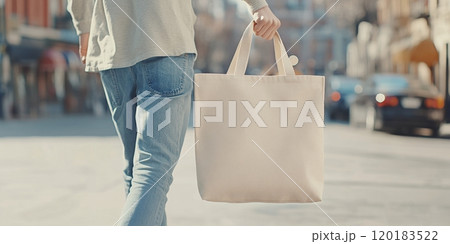 A person strolls casually with a canvas tote bag in hand on a sunny street. A person strolls casually with a canvas tote bag in hand on a sunny street. 120183522