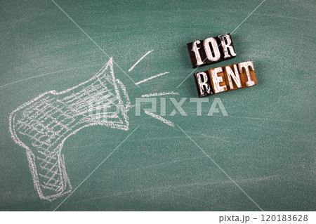 For Rent. Text and a drawn speaker on a green chalkboard For Rent. Text and a drawn speaker on a green chalkboard 120183628