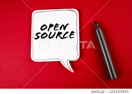 Open Source. Speech bubble and black marker on red background 120183643