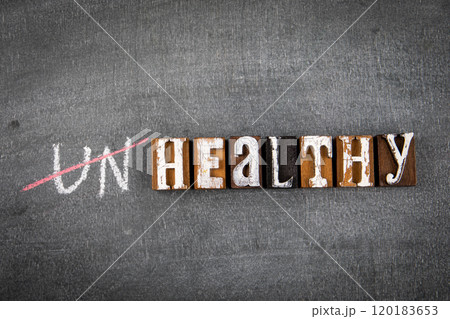 Unhealthy an Healthy concept. Wooden alphabet letters with text on a dark chalk board Unhealthy an Healthy concept. Wooden alphabet letters with text on a dark chalk board 120183653