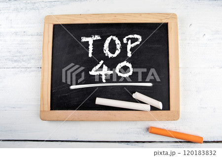 Top 40. Black chalk board with chalk pieces on a white table Top 40. Black chalk board with chalk pieces on a white table 120183832