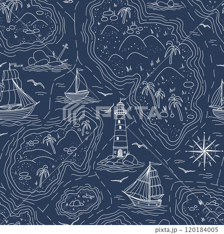 Sea map vector seamless pattern. Linear nautical backdrop with islands, lighthouse, sailboats on dark blue background for wallpaper, wrapping paper or textile design. White drawing with ships. Sea map vector seamless pattern. Linear nautical backdrop with islands, lighthouse, sailboats on dark blue background for wallpaper, wrapping paper or textile design. White drawing with ships. 120184005