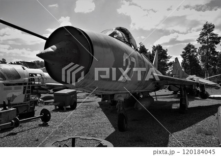 Black and white image. An old Soviet Union jet fighter Black and white image. An old Soviet Union jet fighter 120184045