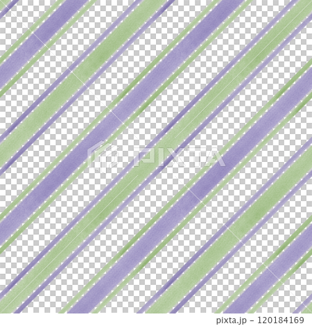 Watercolor diagonal parallel wide and narrow pastel green purple stripes seamless pattern. Hand painted geometric simple ornate illustration for interior design, package paper, decor 120184169