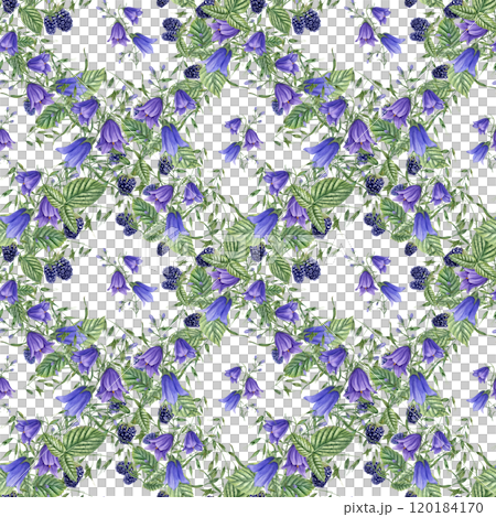 Summer boysenberries, blue harebells, wild herbs watercolor seamless pattern. Forest blackberries with meadow flowers ornate illustration for wrapping, poster, kitchen canvas, package decor 120184170