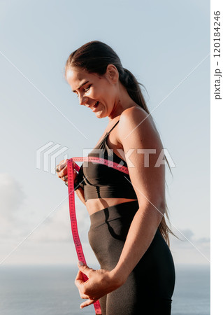 Woman Measuring Chest Outdoors Fitness Motivation Woman Measuring Chest Outdoors Fitness Motivation 120184246