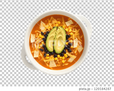 Chicken Tortilla Soup A bowl of spicy chicken tortilla soup with chunks of tender chicken, corn, and black beans Chicken Tortilla Soup A bowl of spicy chicken tortilla soup with chunks of tender chicken, corn, and black beans 120184287
