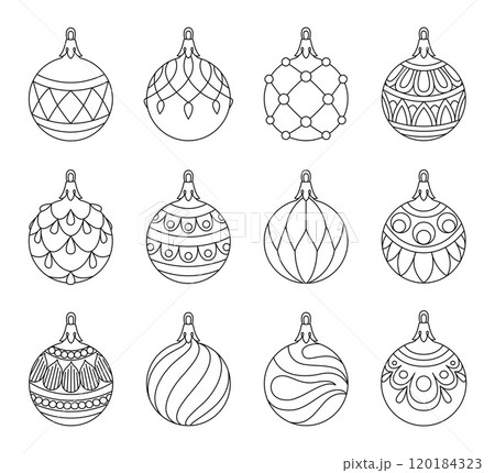 Vector set christmas ball doodle style. Hand drawn black and white isolated globe coloring page Vector set christmas ball doodle style. Hand drawn black and white isolated globe coloring page 120184323