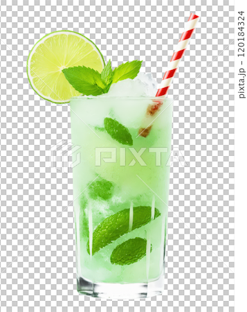 Frozen Mojito with mint, lime, and crushed ice, vibrant green, clear, and white tones, isolated on transparent 120184324