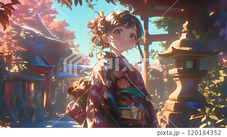 秋の寺院で着物を纏う少女の風景 120184352