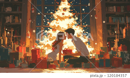 クリスマスツリーの前でプレゼントを交換するカップルの愛情 クリスマスツリーの前でプレゼントを交換するカップルの愛情 120184357