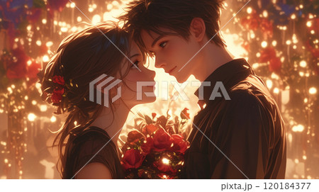花束を手にした二人のロマンチックな瞬間 120184377