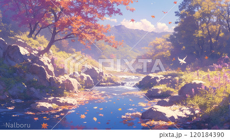 秋の川辺に広がる紅葉の美景 120184390