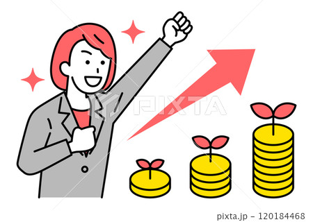 増える資産とガッツポーズで喜ぶスーツの女性 120184468