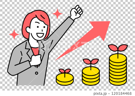 増える資産とガッツポーズで喜ぶスーツの女性 120184468