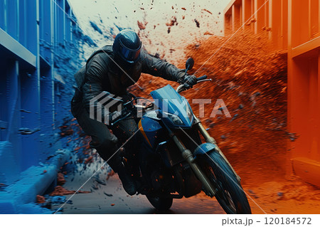 Action shot with man riding away on bike. Dynamic scene in action movie blockbuster style. Generated AI. 120184572