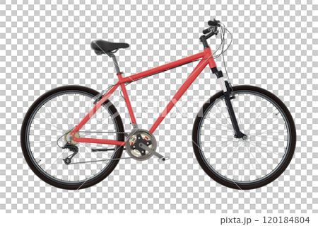 Red bicycle, side view. Black leather saddle and handles. Png clipart isolated on transparent background 120184804
