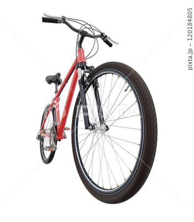 Red bicycle, front side view with wide angle shot of the front wheel. Black leather saddle and handles. Png clipart isolated on transparent background 120184805