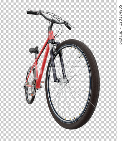Red bicycle, front side view with wide angle shot of the front wheel. Black leather saddle and handles. Png clipart isolated on transparent background 120184805